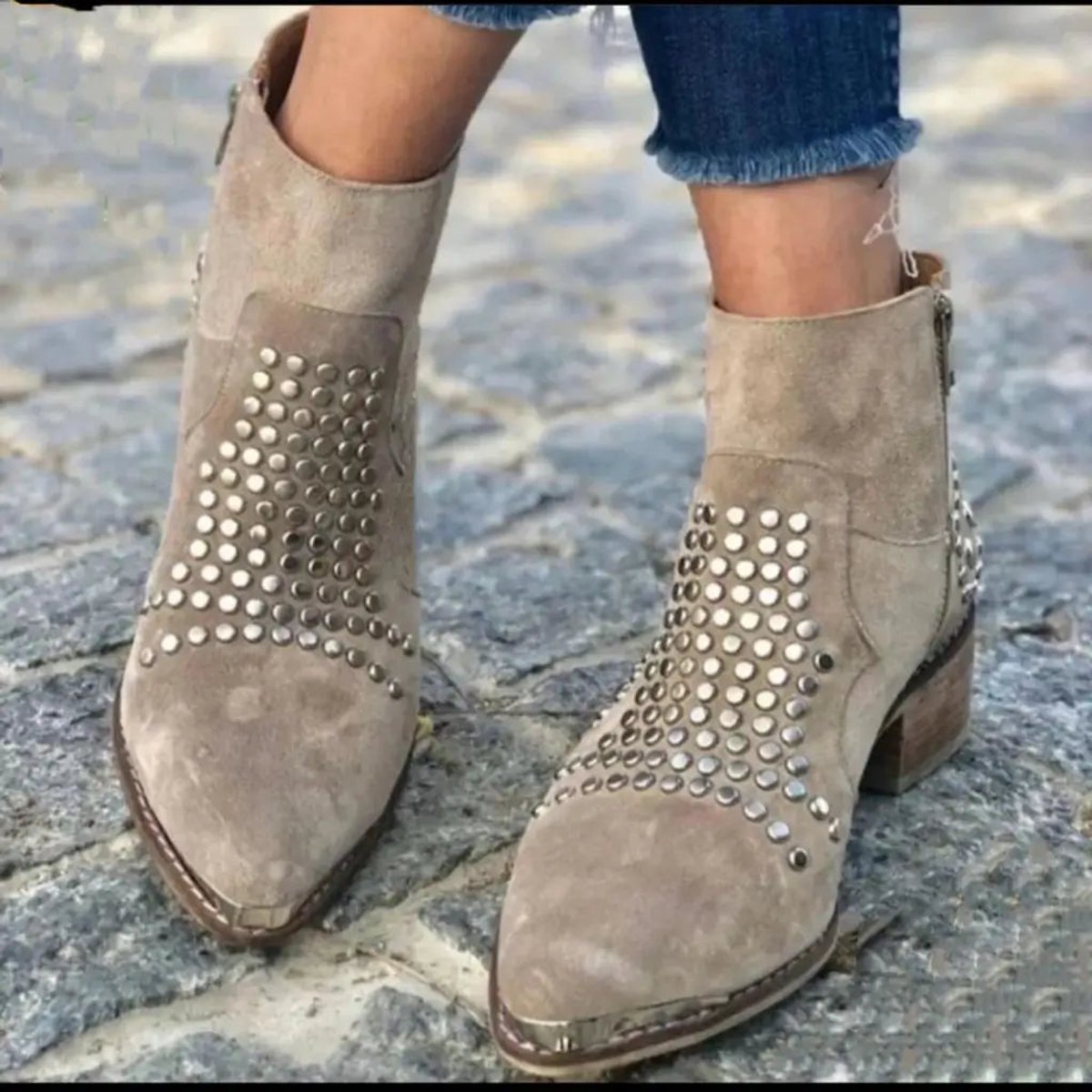Piper | Women's Block Heel Suede Look Studded Ankle Boots - Taupe