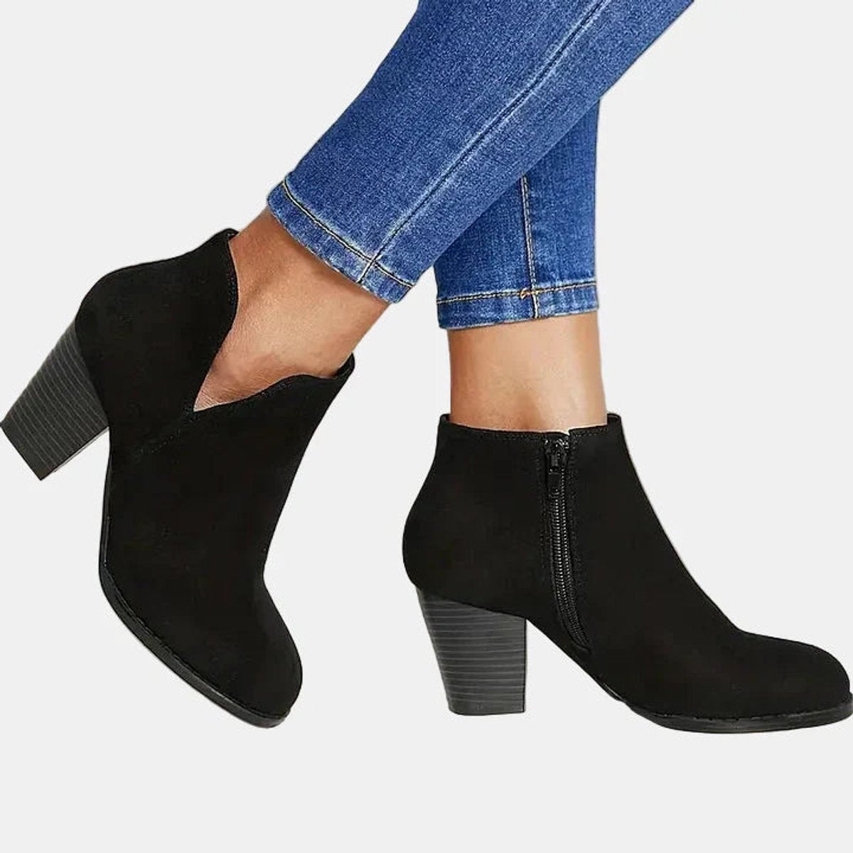 Mara | Women's Block Heel Side Zip Suede Look Ankle Boots - Black
