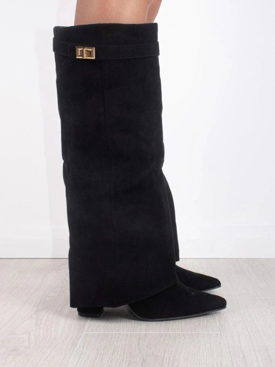 Willa | Women's Suede Look Fold Over Knee-High Boots - Dark Brown