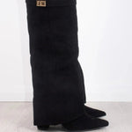 Willa | Women's Suede Look Fold Over Knee-High Boots - Dark Brown