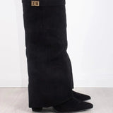 Willa | Women's Suede Look Fold Over Knee-High Boots - Dark Brown