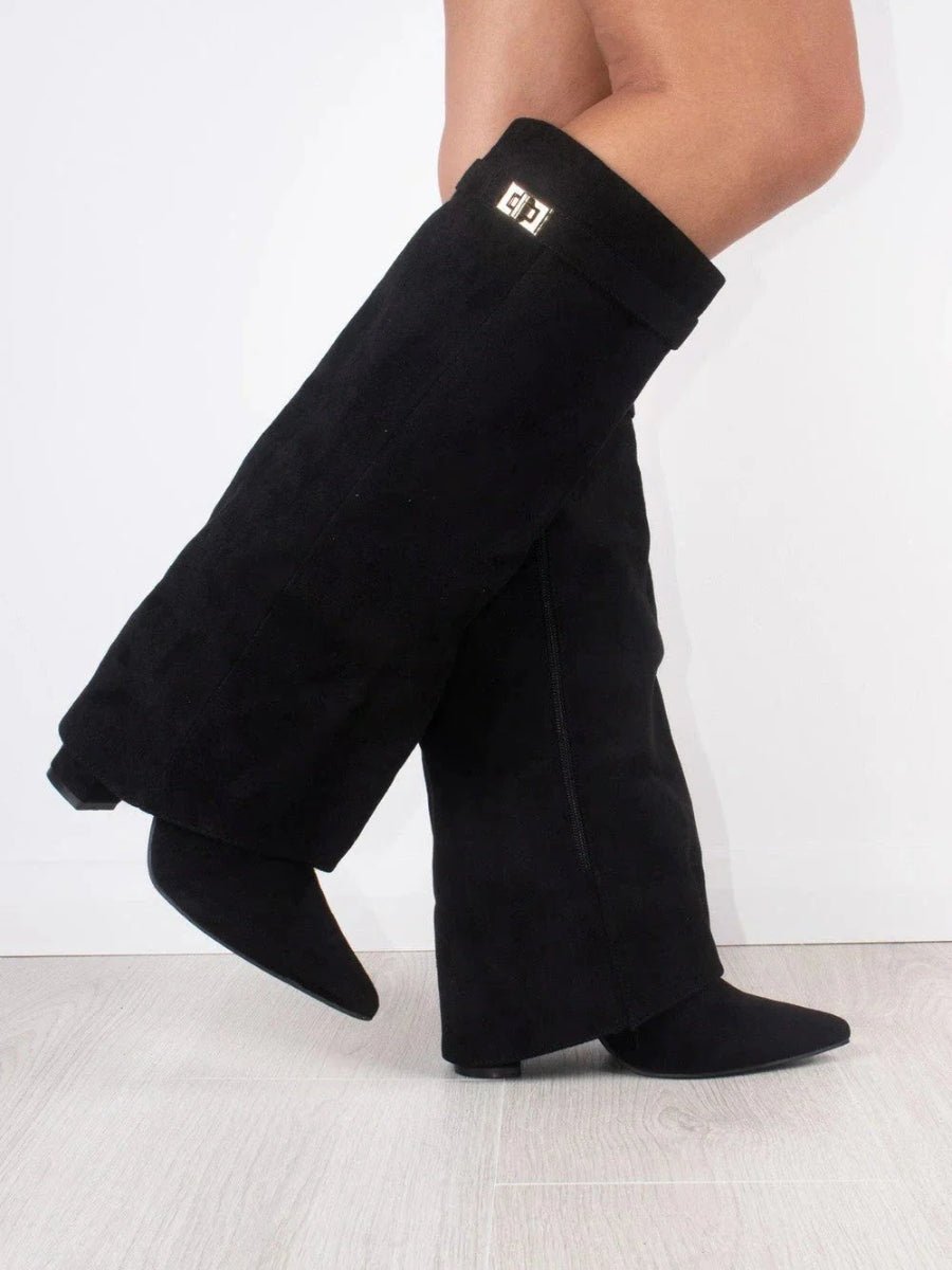 Willa | Women's Suede Look Fold Over Knee-High Boots - Black