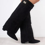 Willa | Women's Suede Look Fold Over Knee-High Boots - Black
