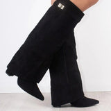 Willa | Women's Suede Look Fold Over Knee-High Boots - Black