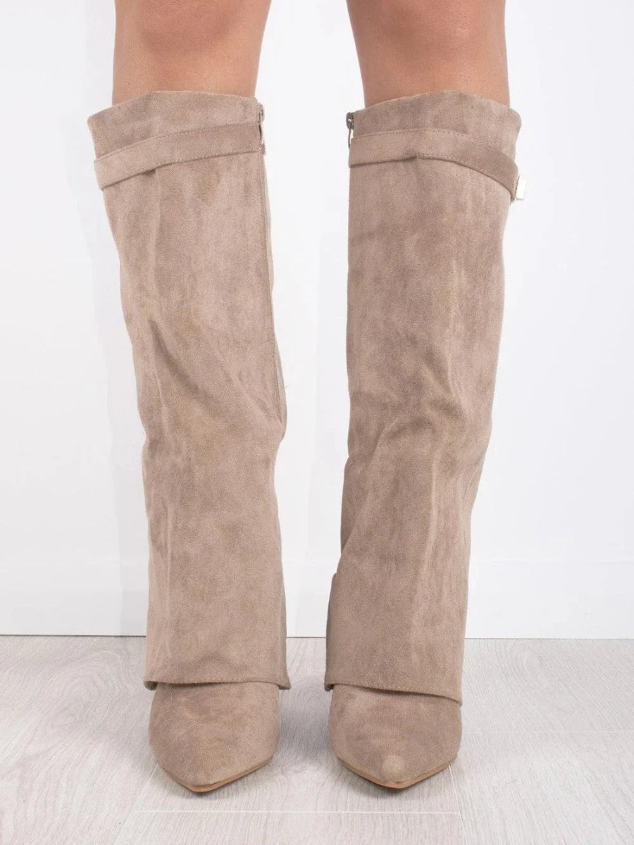 Willa | Women's Suede Look Fold Over Knee-High Boots - Beige