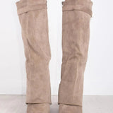 Willa | Women's Suede Look Fold Over Knee-High Boots - Beige