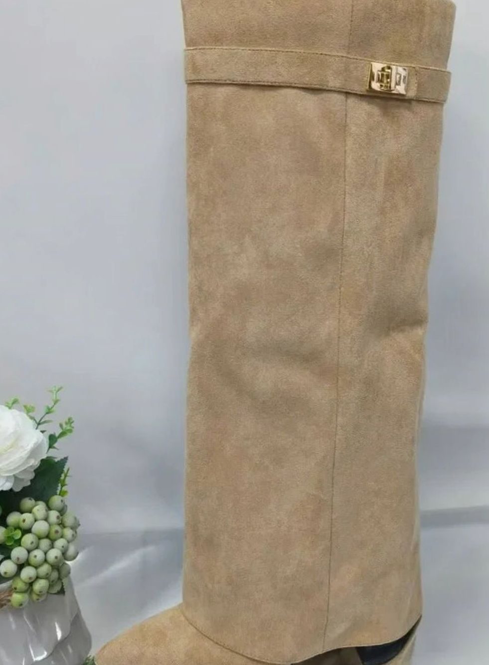 Eleanor | Women's Wedge Suede Look Buckle Knee-High Boots
