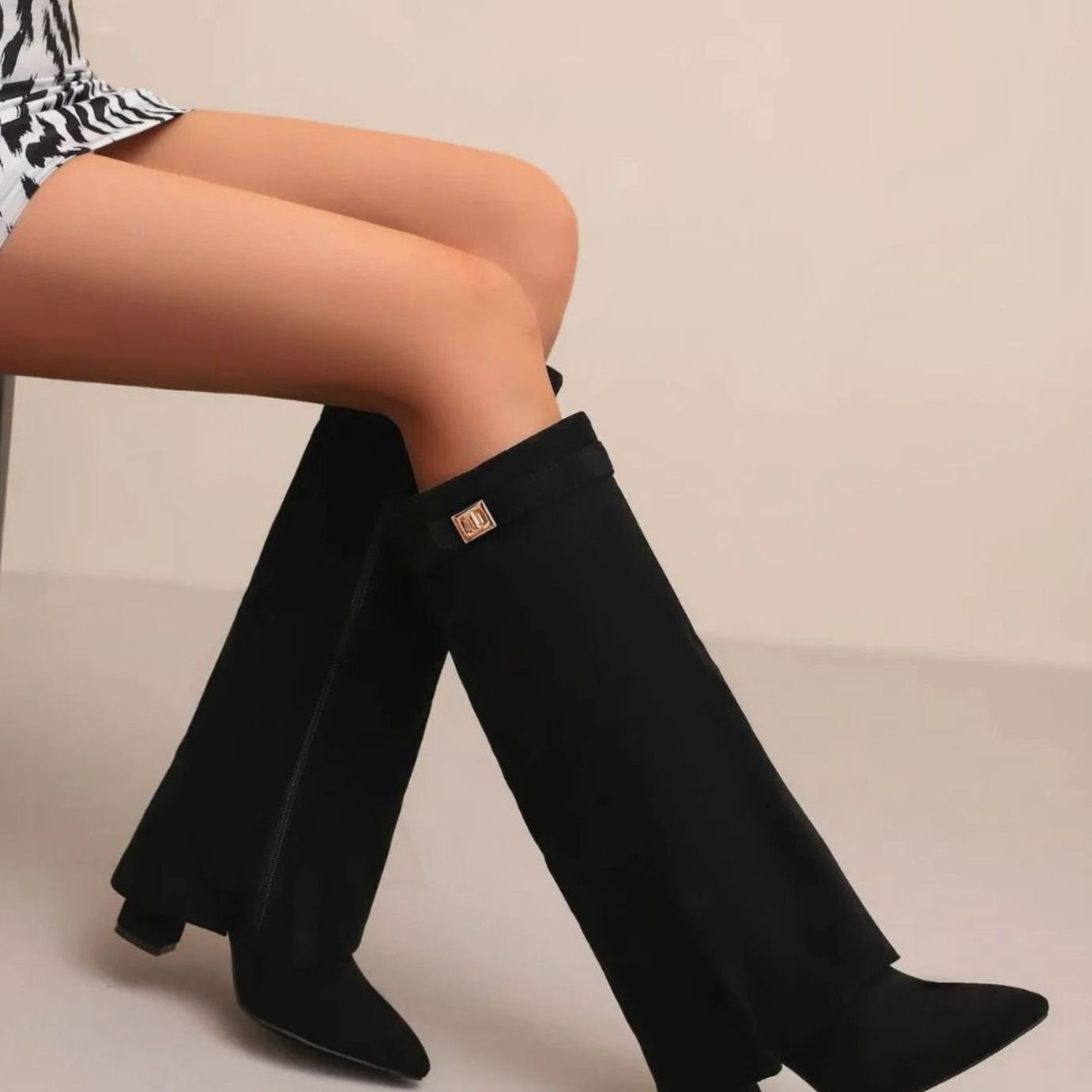 Eleanor | Women's Wedge Suede Look Buckle Knee-High Boots - Black Plush