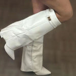 Eleanor | Women's Wedge Suede Look Buckle Knee-High Boots - White