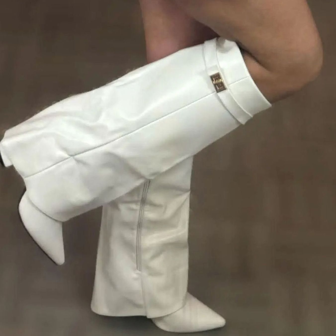 Eleanor | Women's Wedge Suede Look Buckle Knee-High Boots - White