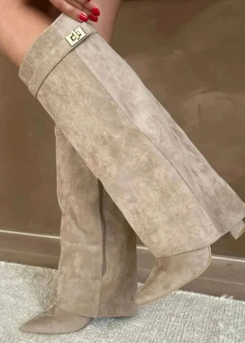 Eleanor | Women's Wedge Suede Look Buckle Knee-High Boots - Apricot
