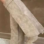 Eleanor | Women's Wedge Suede Look Buckle Knee-High Boots - Apricot
