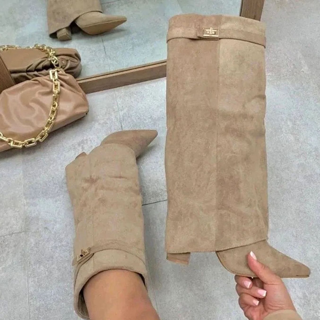 Eleanor | Women's Wedge Suede Look Buckle Knee-High Boots - Suede Plush