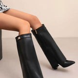 Eleanor | Women's Wedge Suede Look Buckle Knee-High Boots