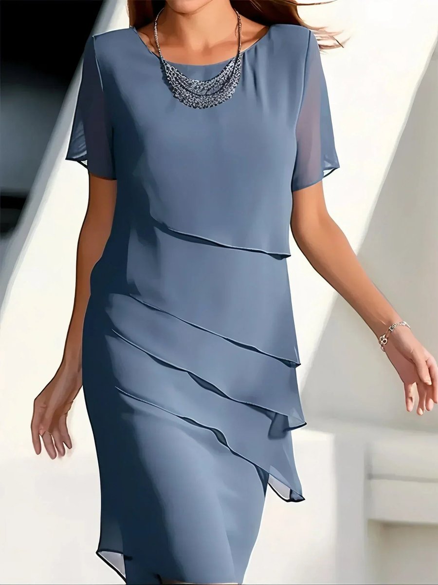 Christina | Women's Chiffon Tiered Short Sleeve Cocktail Dress - Blue