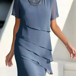 Christina | Women's Chiffon Tiered Short Sleeve Cocktail Dress - Blue