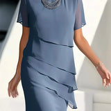 Christina | Women's Chiffon Tiered Short Sleeve Cocktail Dress - Blue