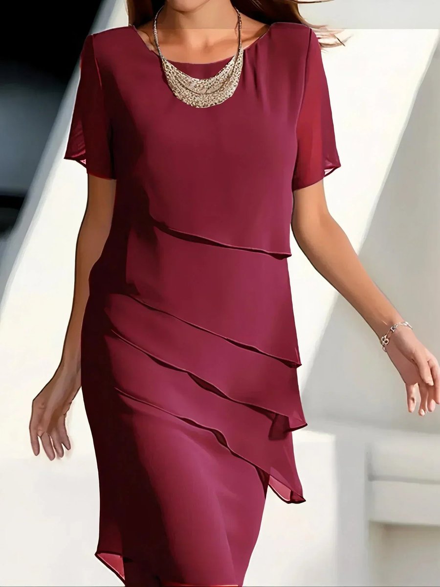 Christina | Women's Chiffon Tiered Short Sleeve Cocktail Dress - Red