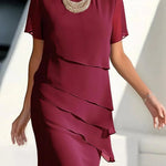 Christina | Women's Chiffon Tiered Short Sleeve Cocktail Dress - Red