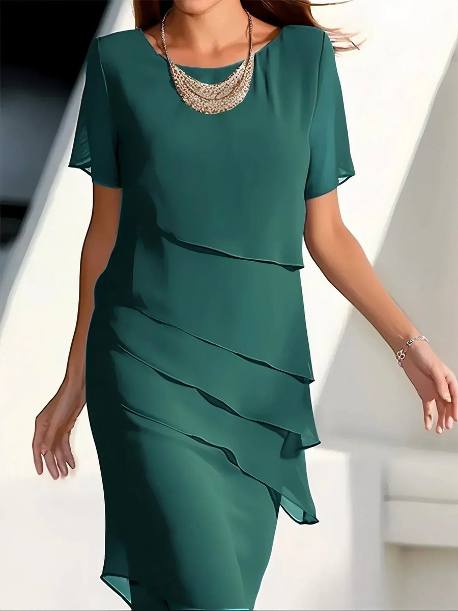 Christina | Women's Chiffon Tiered Short Sleeve Cocktail Dress - Green