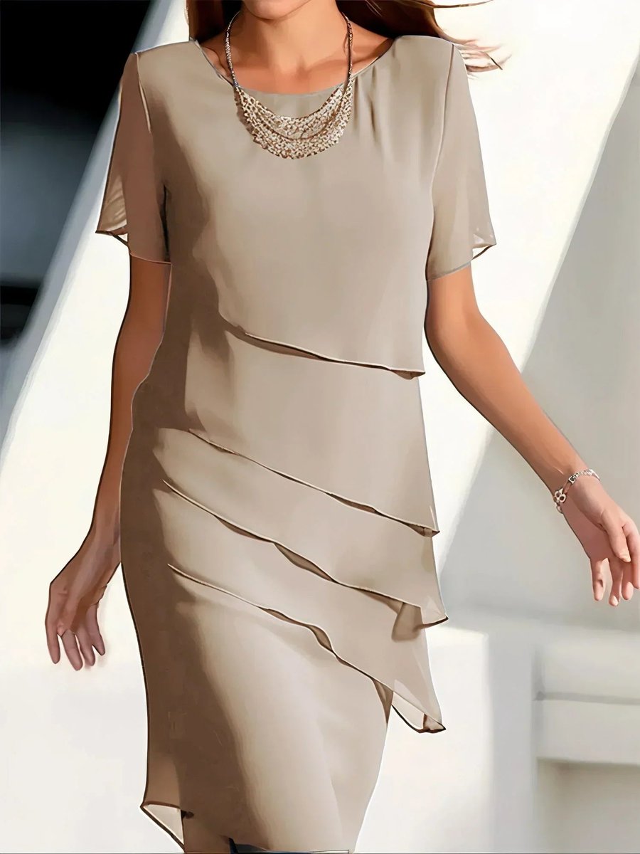 Christina | Women's Chiffon Tiered Short Sleeve Cocktail Dress - Beige