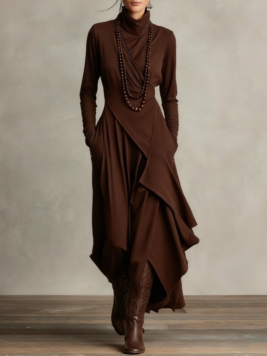 Courtney | Women's Long Sleeve Asymmetric Turtleneck Jumper - Brown