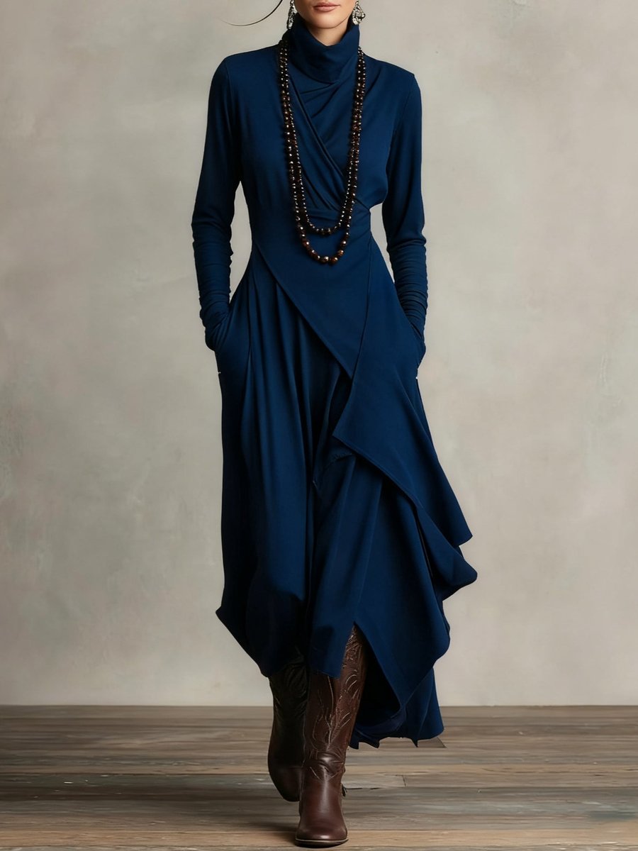 Courtney | Women's Long Sleeve Asymmetric Turtleneck Jumper - Navy Blue
