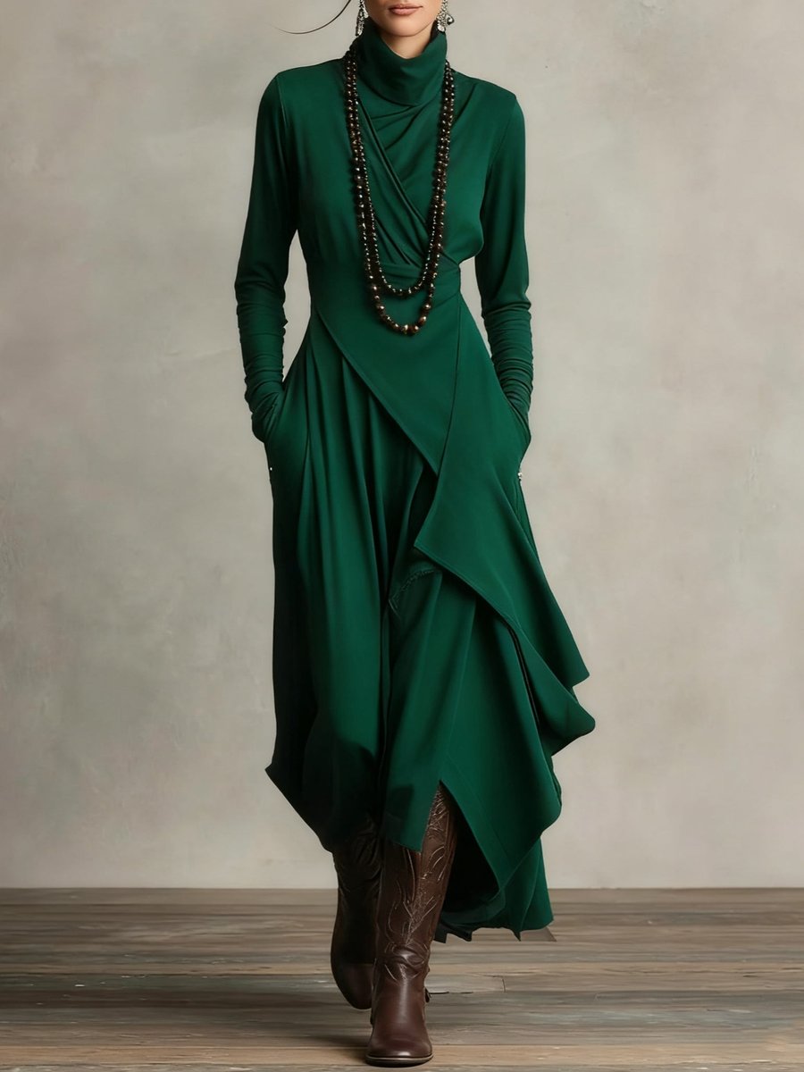 Courtney | Women's Long Sleeve Asymmetric Turtleneck Jumper - Green