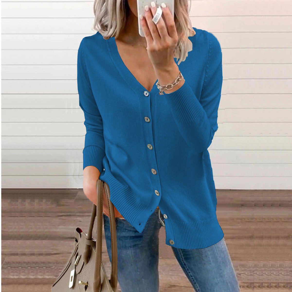 Nora | Women's Long Sleeve Button Front V Neck Cardigan - Blue