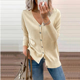 Nora | Women's Long Sleeve Button Front V Neck Cardigan - Beige