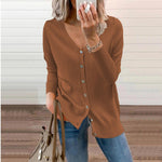 Nora | Women's Long Sleeve Button Front V Neck Cardigan - Brown