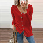 Nora | Women's Long Sleeve Button Front V Neck Cardigan - Red