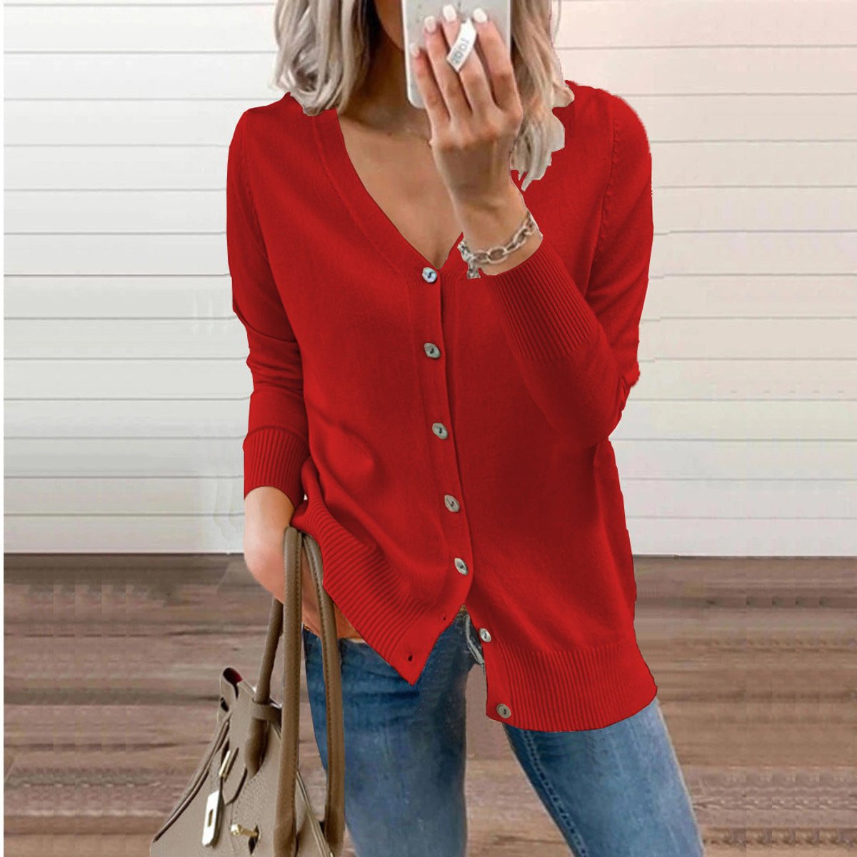 Nora | Women's Long Sleeve Button Front V Neck Cardigan - Red