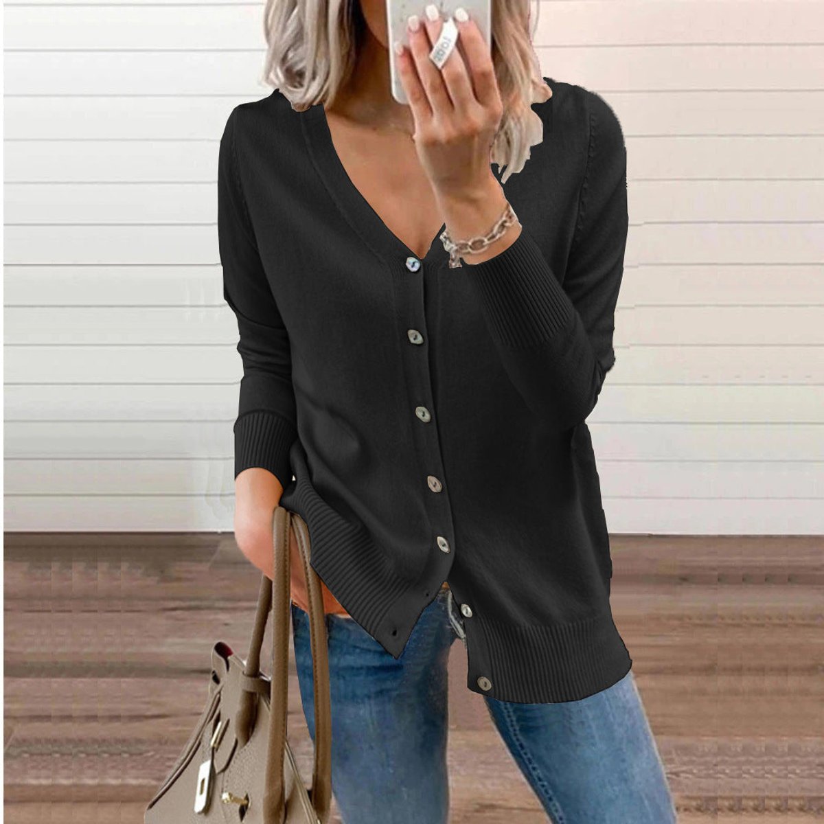 Nora | Women's Long Sleeve Button Front V Neck Cardigan - Black