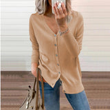 Nora | Women's Long Sleeve Button Front V Neck Cardigan - Camel