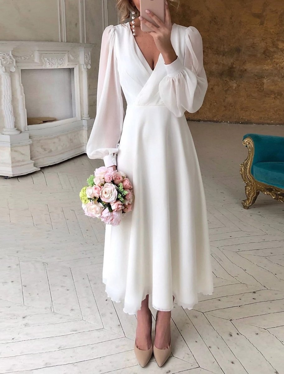 Skye | Women's Long Sleeve V Neck Midi Wedding Guest Dress - White
