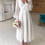 Skye | Women's Long Sleeve V Neck Midi Wedding Guest Dress - White