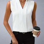 Molly | Women's Pleated Sleeveless V Neck Blouse - White