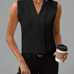 Molly | Women's Pleated Sleeveless V Neck Blouse - Black