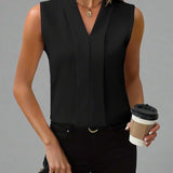Molly | Women's Pleated Sleeveless V Neck Blouse - Black