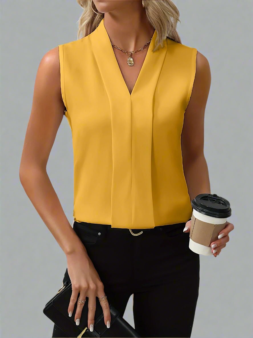 Molly | Women's Pleated Sleeveless V Neck Blouse - Yellow
