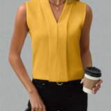 Molly | Women's Pleated Sleeveless V Neck Blouse - Yellow