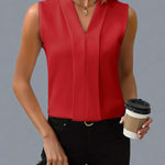Molly | Women's Pleated Sleeveless V Neck Blouse - Red