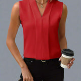 Molly | Women's Pleated Sleeveless V Neck Blouse - Red