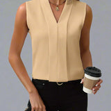 Molly | Women's Pleated Sleeveless V Neck Blouse - Apricot