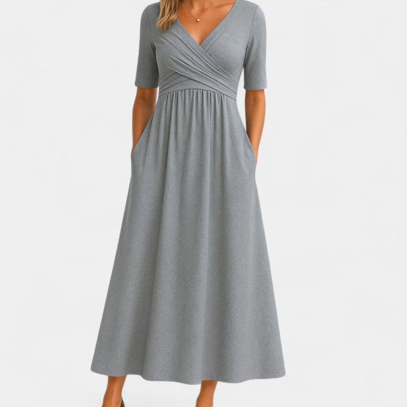 Ophelia | Women's V Neck Wrap Midi Dress - Grey