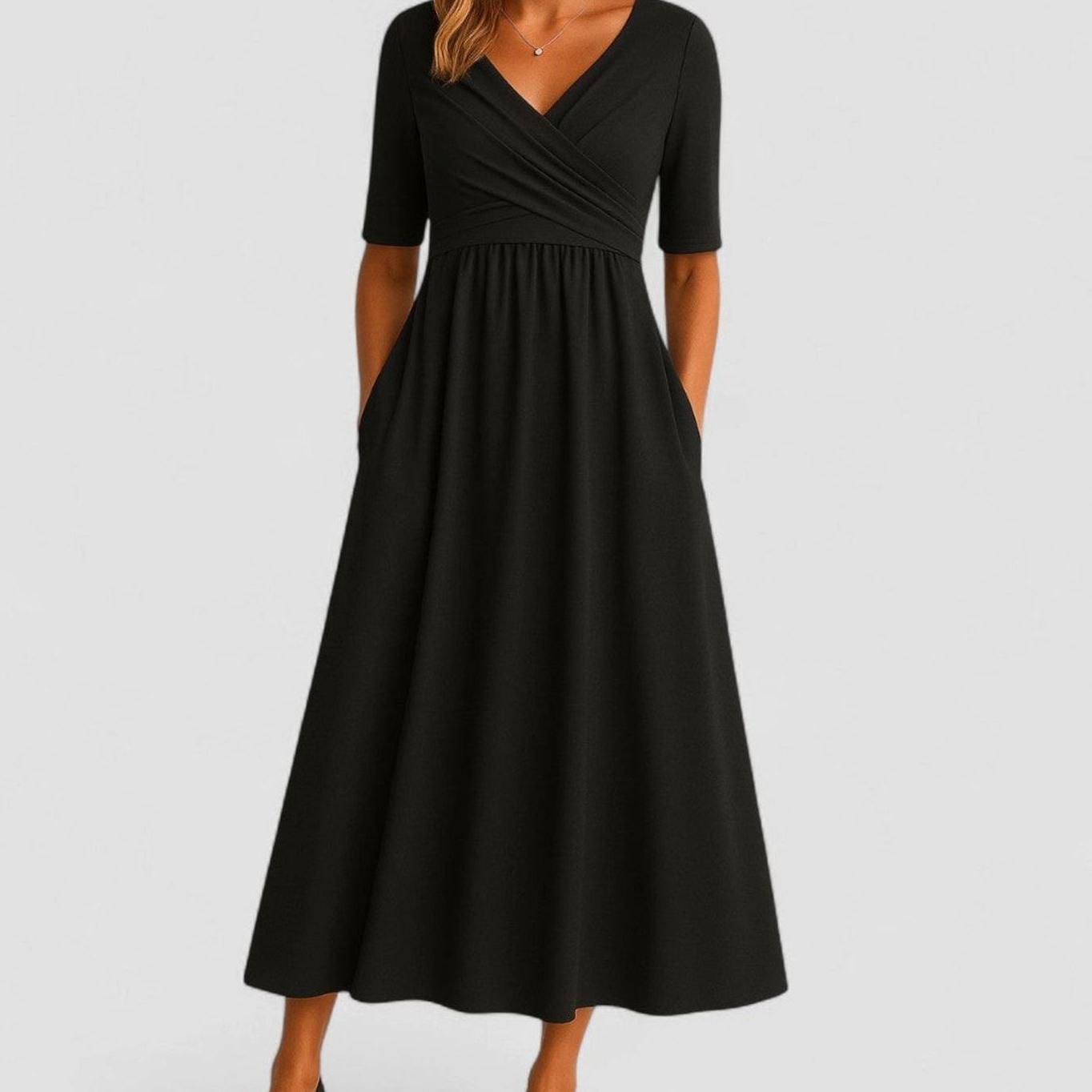 Ophelia | Women's V Neck Wrap Midi Dress - Black