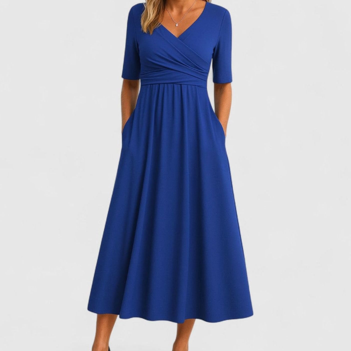 Ophelia | Women's V Neck Wrap Midi Dress - Blue