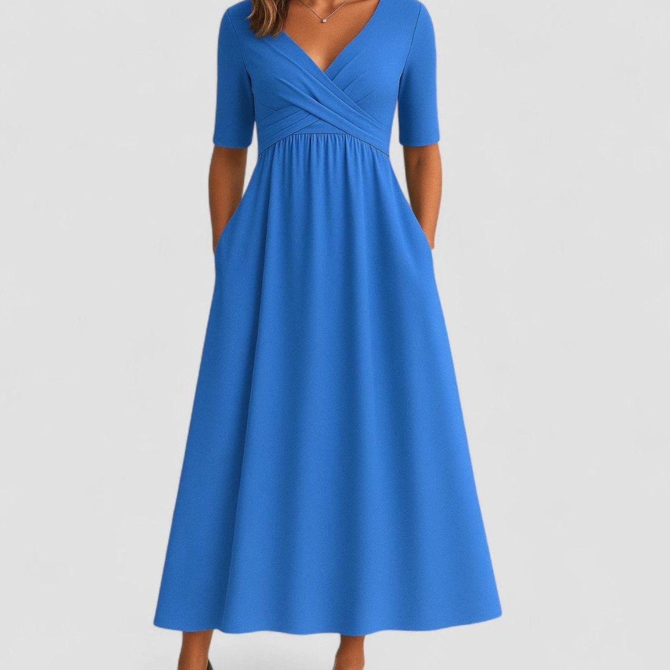 Ophelia | Women's V Neck Wrap Midi Dress - Azure Blue