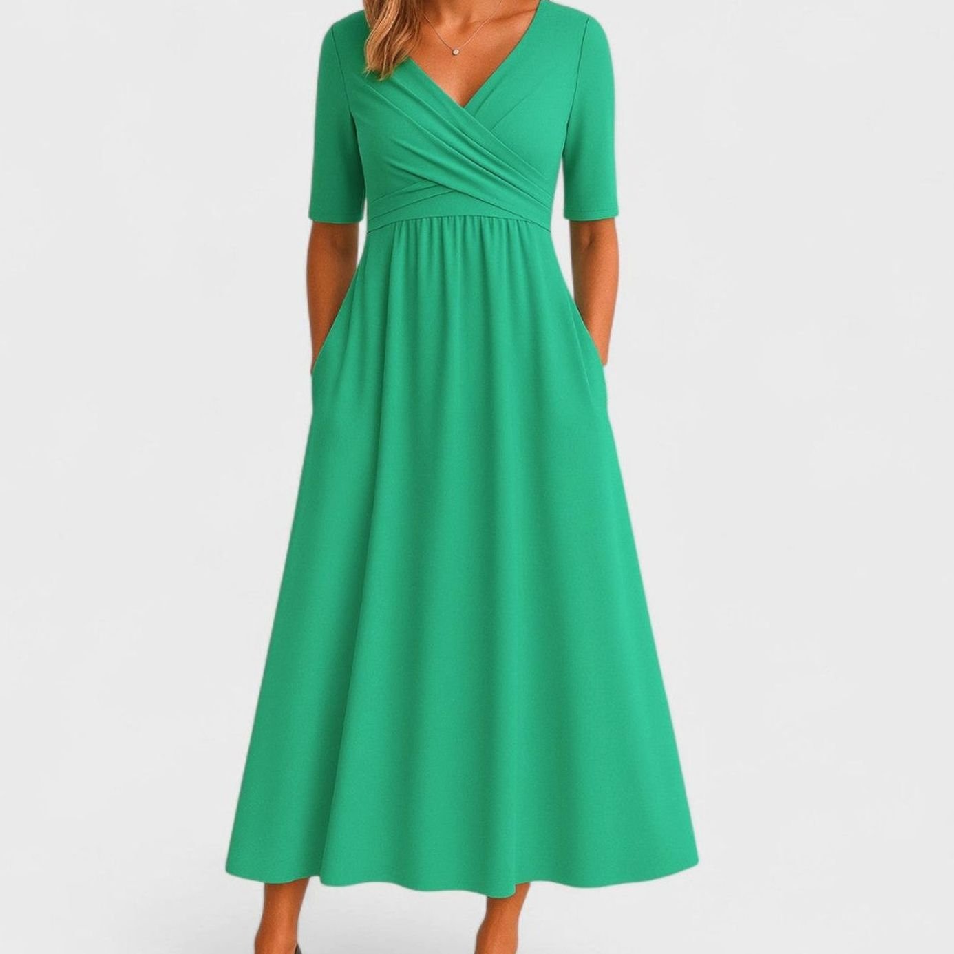 Ophelia | Women's V Neck Wrap Midi Dress - Green
